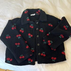 Cherry Pattern Black Teddy Jacket